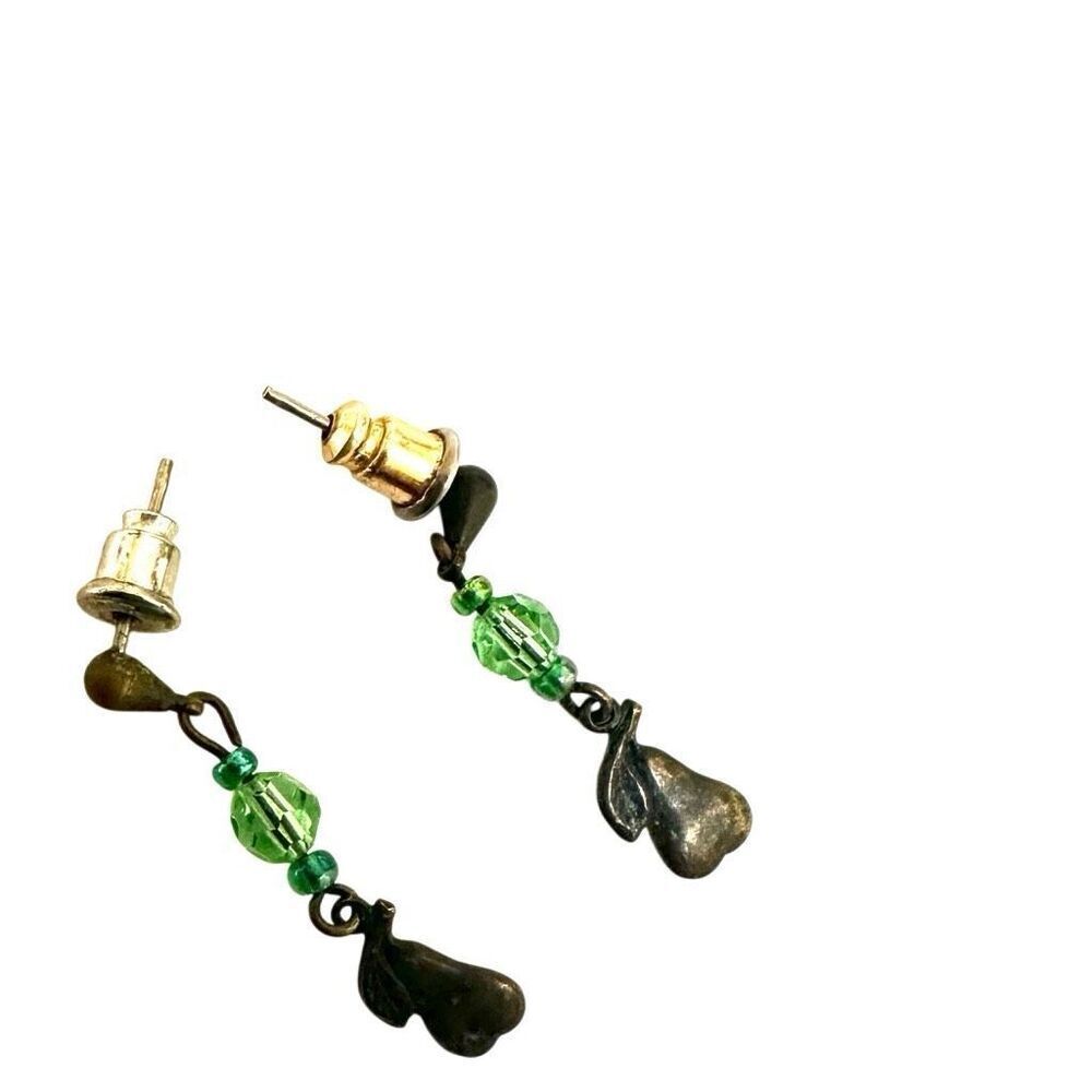 Green beaded dainty pear charm drop earrings - Picture 7 of 8